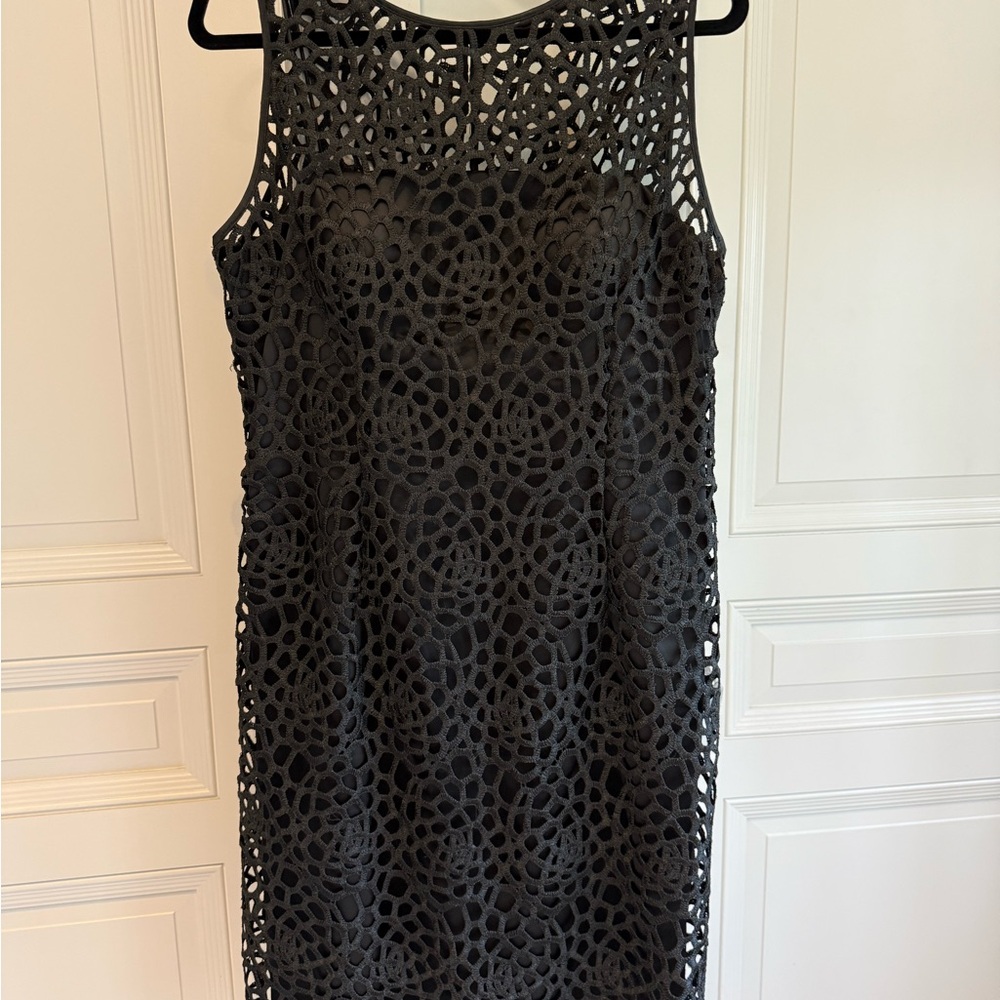Adrianna Papell Black Crochet Floral Midi Dress